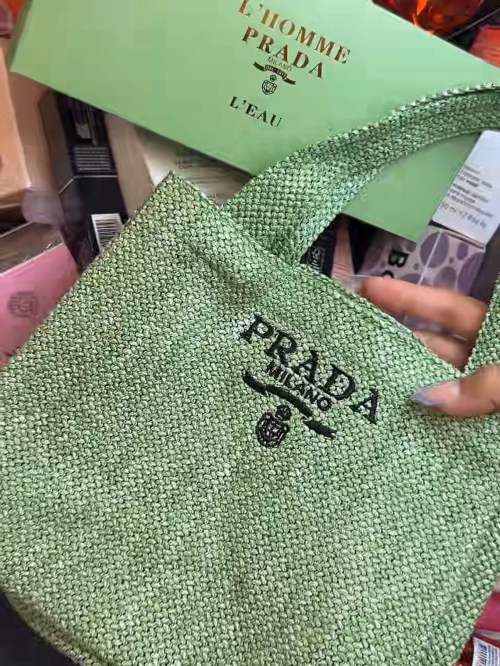 Prada Green Woven Tote with Embroidered Logo - Picture 4 of 4